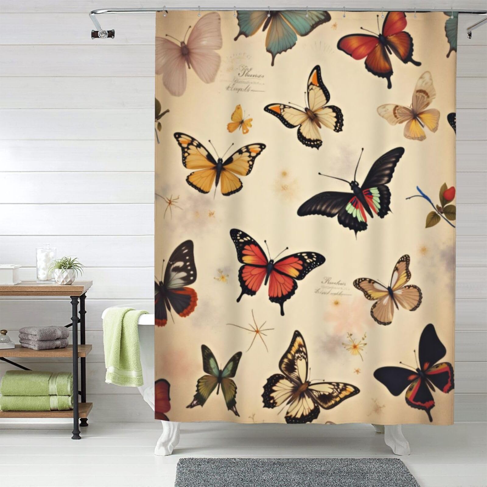 Rideau de douche opaque en tissu anti-regards motif papillon