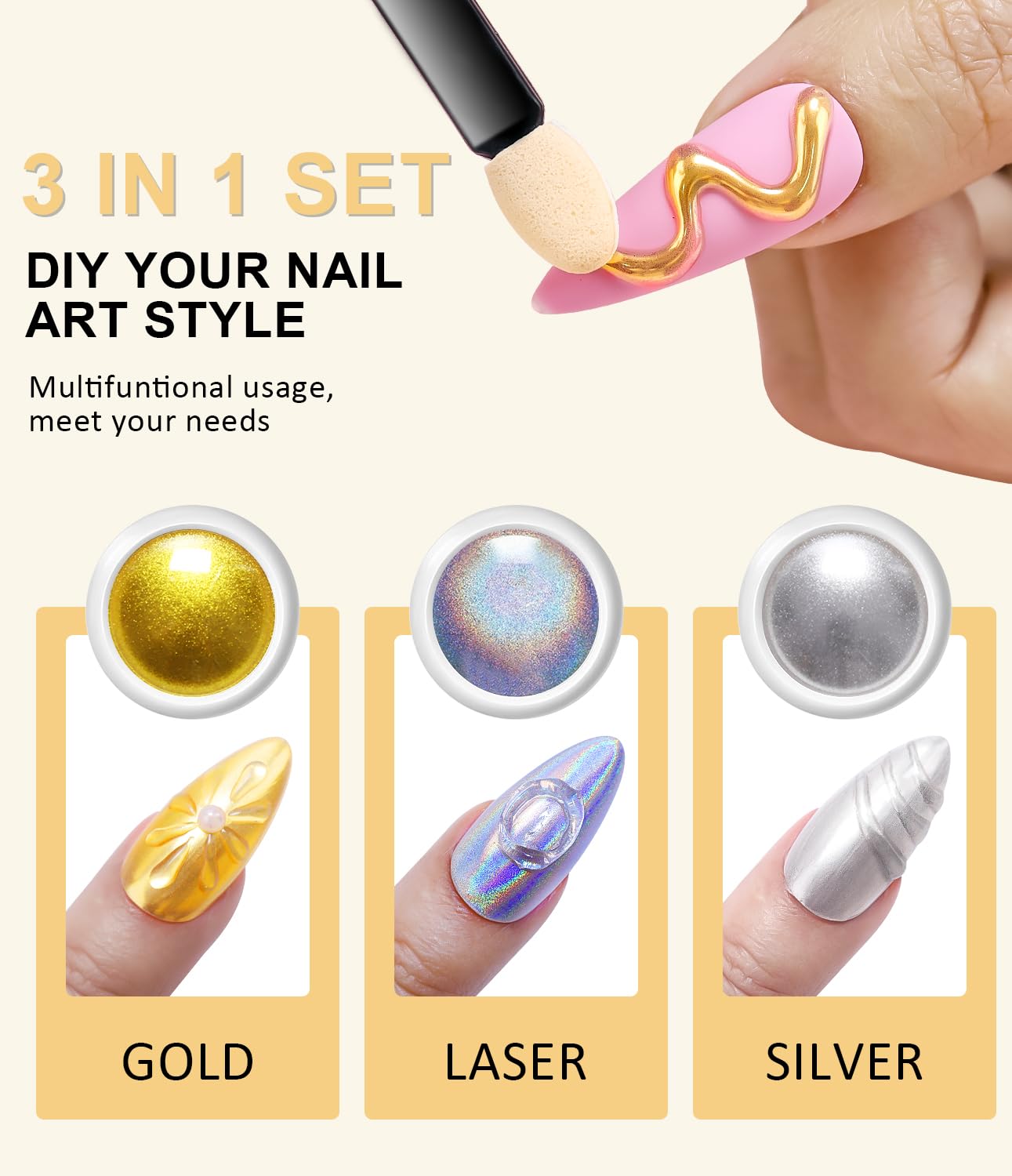Silver Holo Chrome Nail Powder, LEDSUUEI Metal Gold Nail Chrome Powders - Image 3