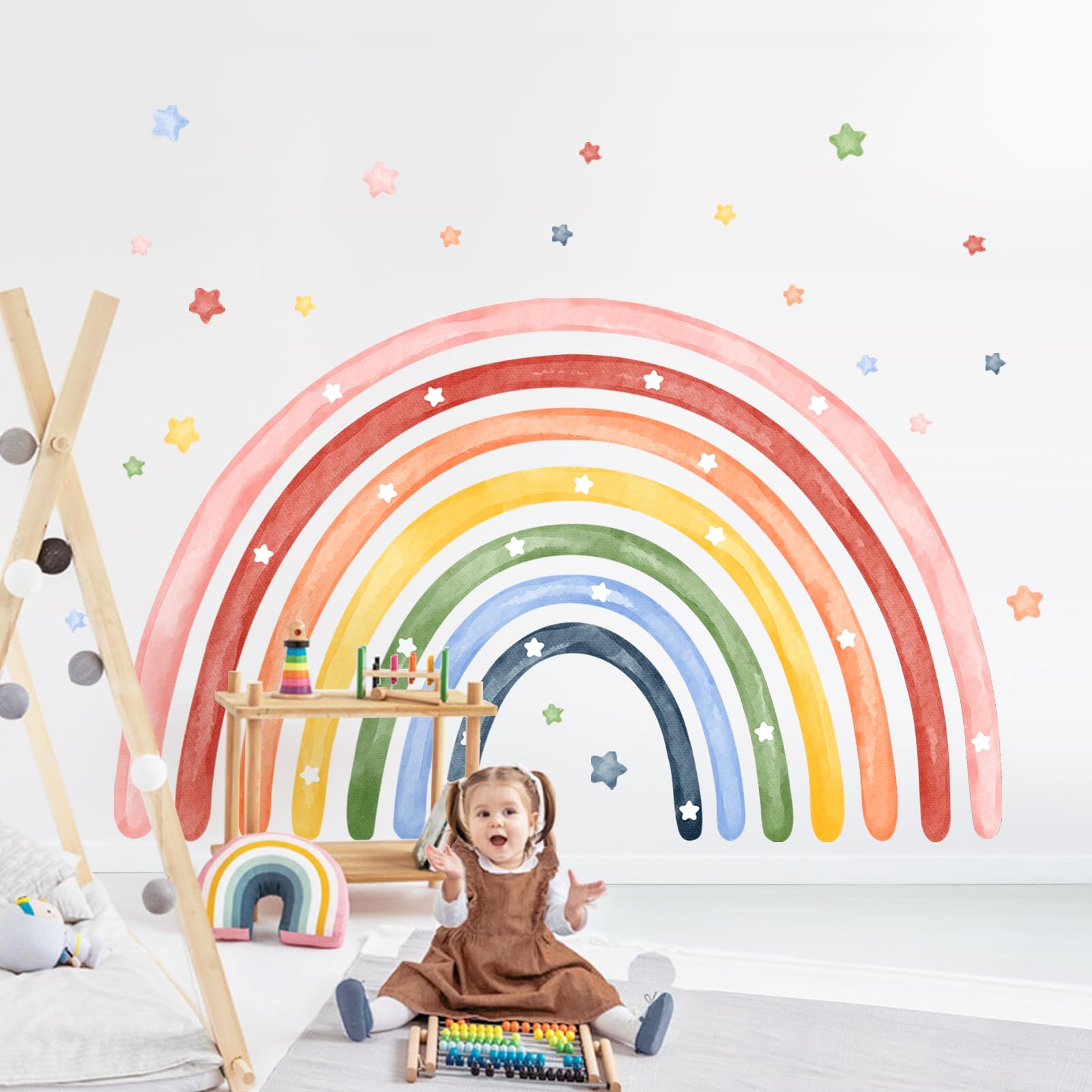 Tanlaby 77"x52" Large Rainbow Wall Stickers Watercolor Stars Wall Decals Peel and Stick Colorful Art Decor for Baby Nursery Girls Bedroom Kids Playroom Daycare Classroom XXL 195 x 132 cm - Image 2