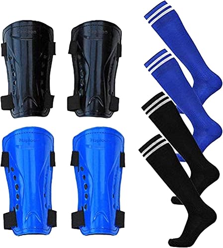 Haploon 2 pares de espinilleras y calcetines de fútbol protectores de espinilleras de fútbol para pantorrillas y rodilleras, equipo de protección