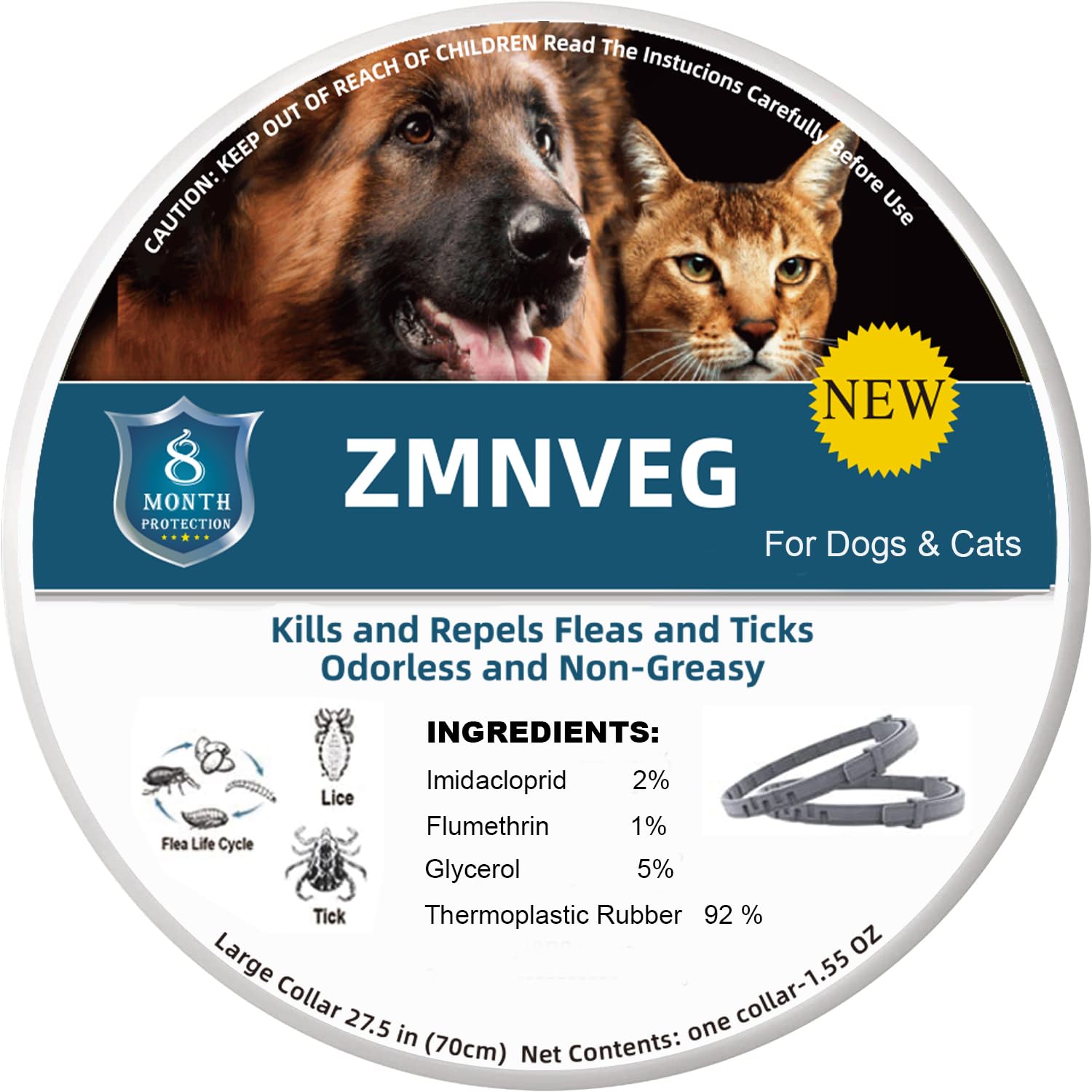 2 collares antiparasitarios para perros y gatos, 8 meses de protección, collar antipulgas para perros y gatos, ajustable, impermeable, collar antipulgas para todos los perros y gatos