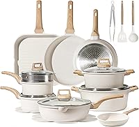 CAROTE 26-Piece Cream White Granite Nonstick Cookware Set - Induction Pots & Pans with Utensils & Lids