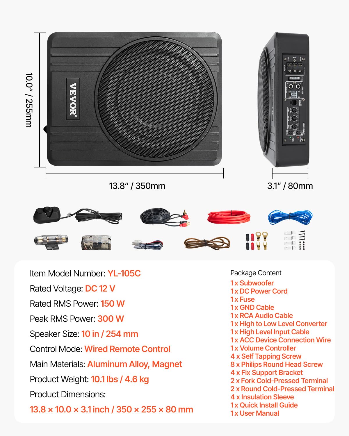 VEVOR Subwoofer auto subwoofer 300 W 254 mm sottile subwoofer auto con alimentazione, sottosistema con amplificatore integrato, ingresso alto/basso e controllo del volume per camion SUV