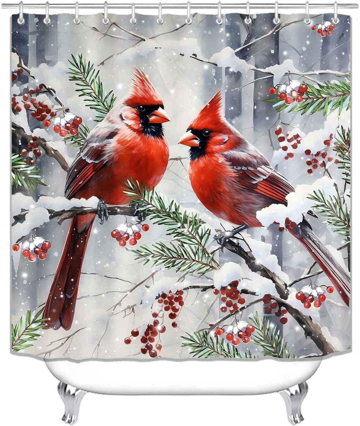 4PCS Christmas Cardinal Shower Curtain Set, Waterproof Fabric Shower Curtain, Non-Slip Bath Mat Bathroom Rugs, Xmas Red Bird Berry Pine Tree Branch Winter Forest Nature New Year Bathroom Decor