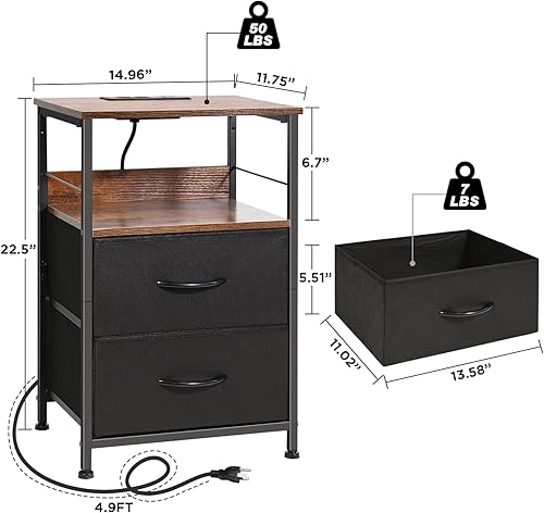 Miniatura 3 de Ollieroo Mesita de noche con estación de carga, mesa auxiliar con 2 cajones de tela y estante de almacenamiento, mesita de noche pequeña para sala