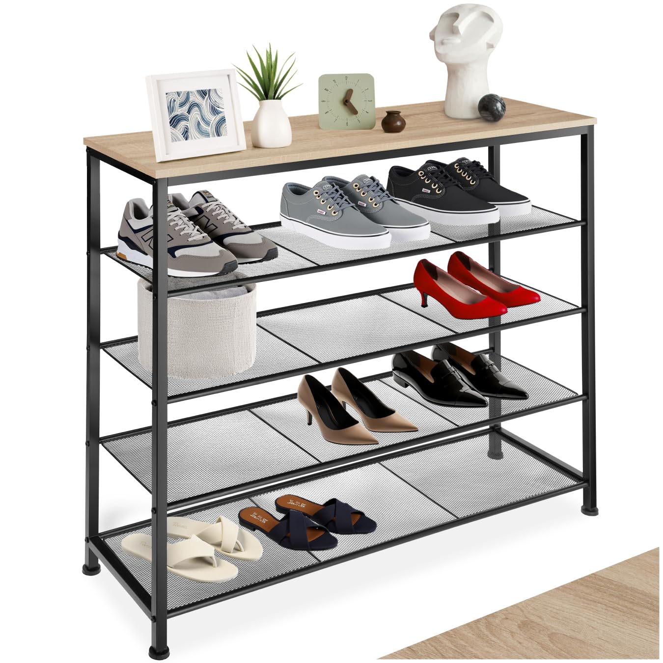 tectake® Schuhregal schmal mit Ablagefläche, Schuhbank 5 Ebenen, 4 Gitterablagen, Schuhregal platzsparend 100 x 30,5 x 93 cm, Flur Regal, Schuhschrank, Garderobe (Industrial Holz hell, Eiche Sonoma)