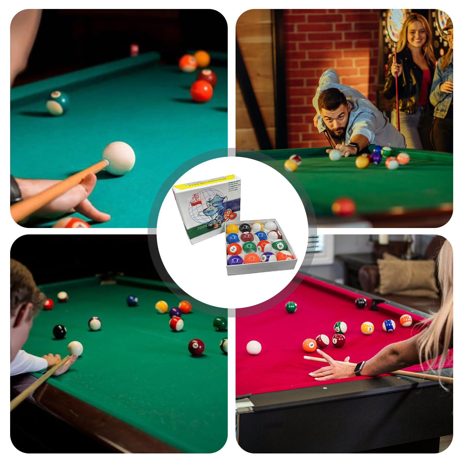 BORDEAG Lot de 16 boules de billard de 52,5 mm - Boules de billard de qualité supérieure - En résine phénolique durable - Table de piscine standard - Pour salle de jeux et salle de loisirs