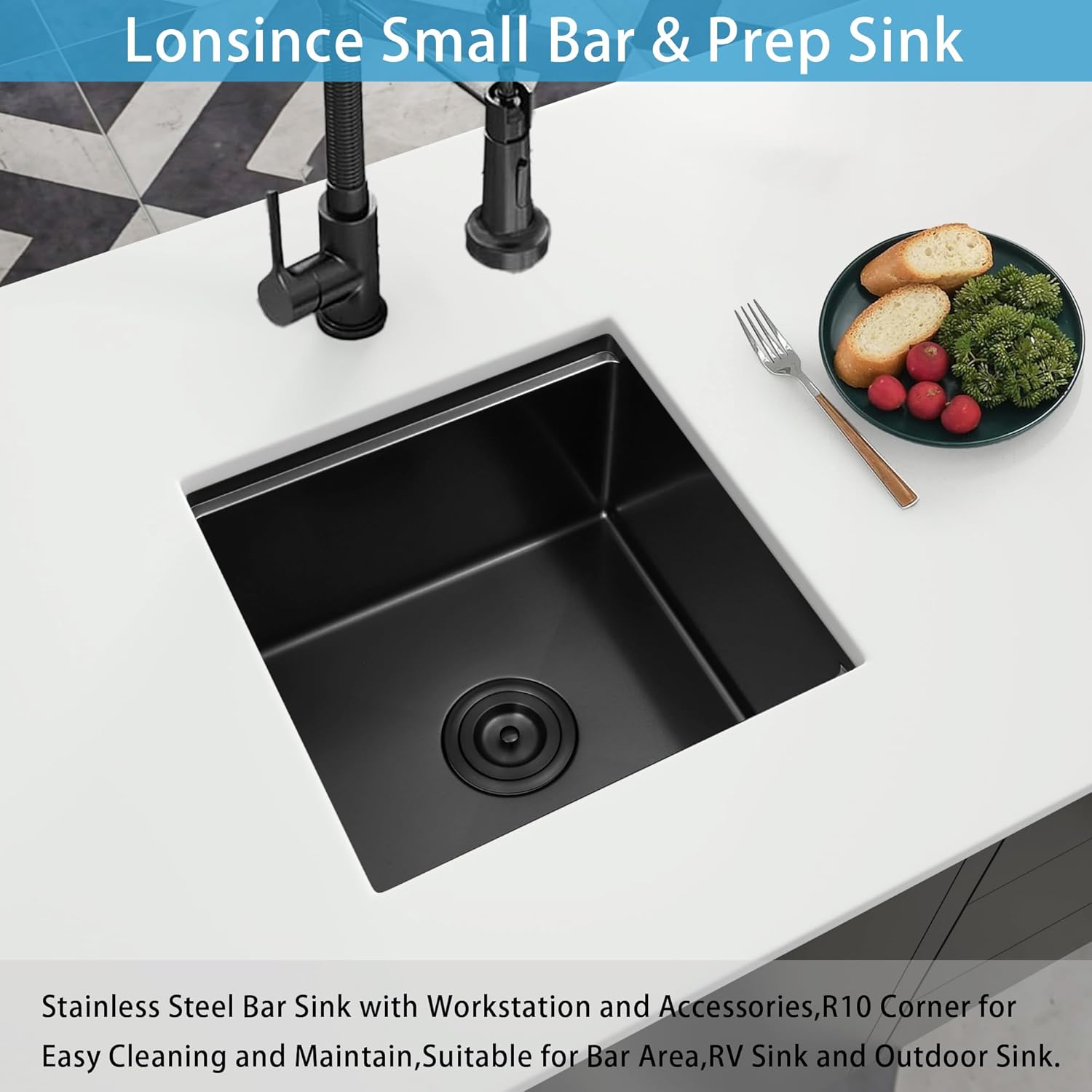 Black Bar Sink Undermount,Small Bar & Prep Sinks,16 gauge Stainless Steel Bar Sink with Workstation for Wet Bar Area (17" X 19")