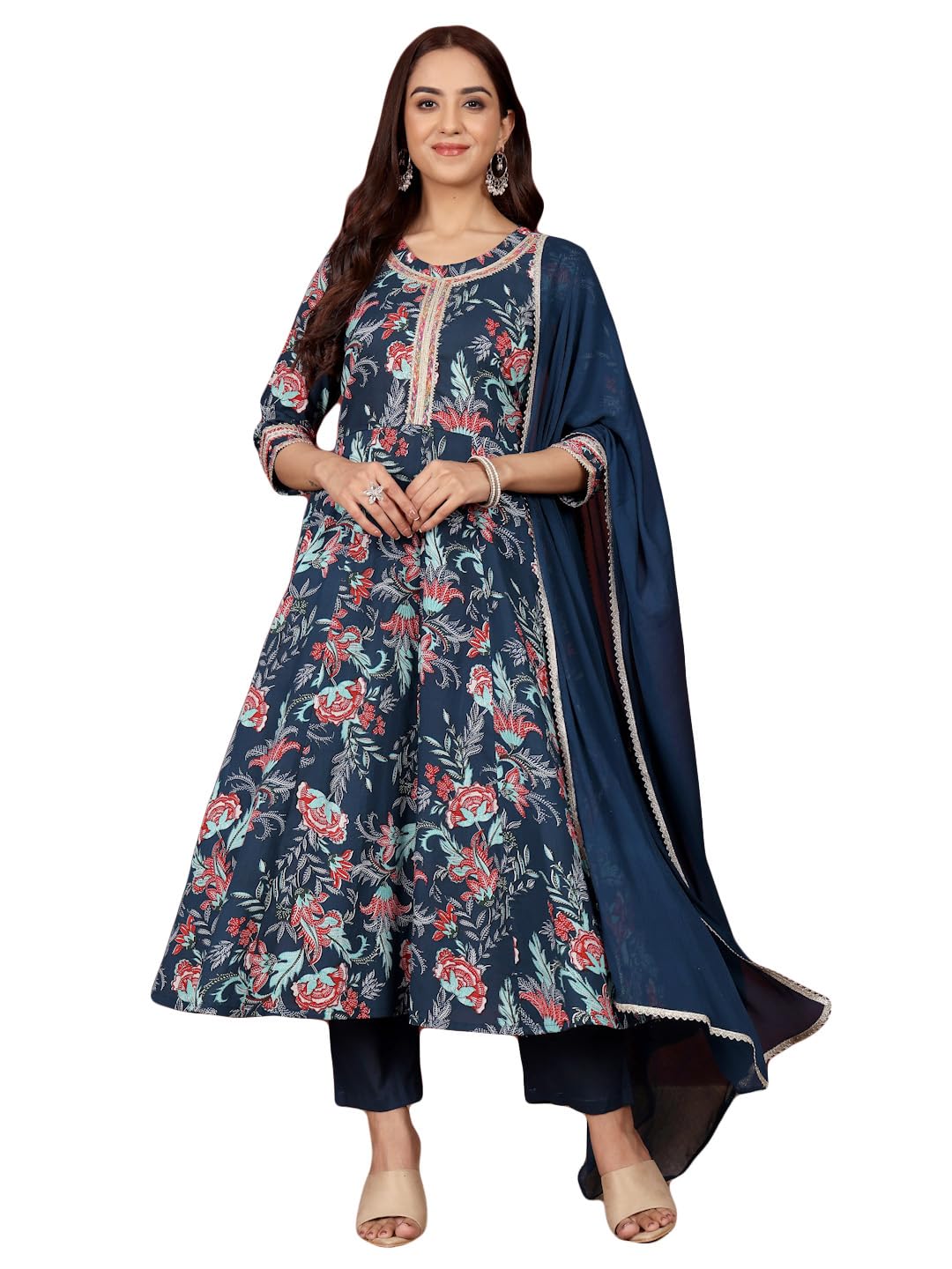 varanga Women Ethnic Floral Printed V Neck Straight Kurta with Trouser & Dupatta-picture-11