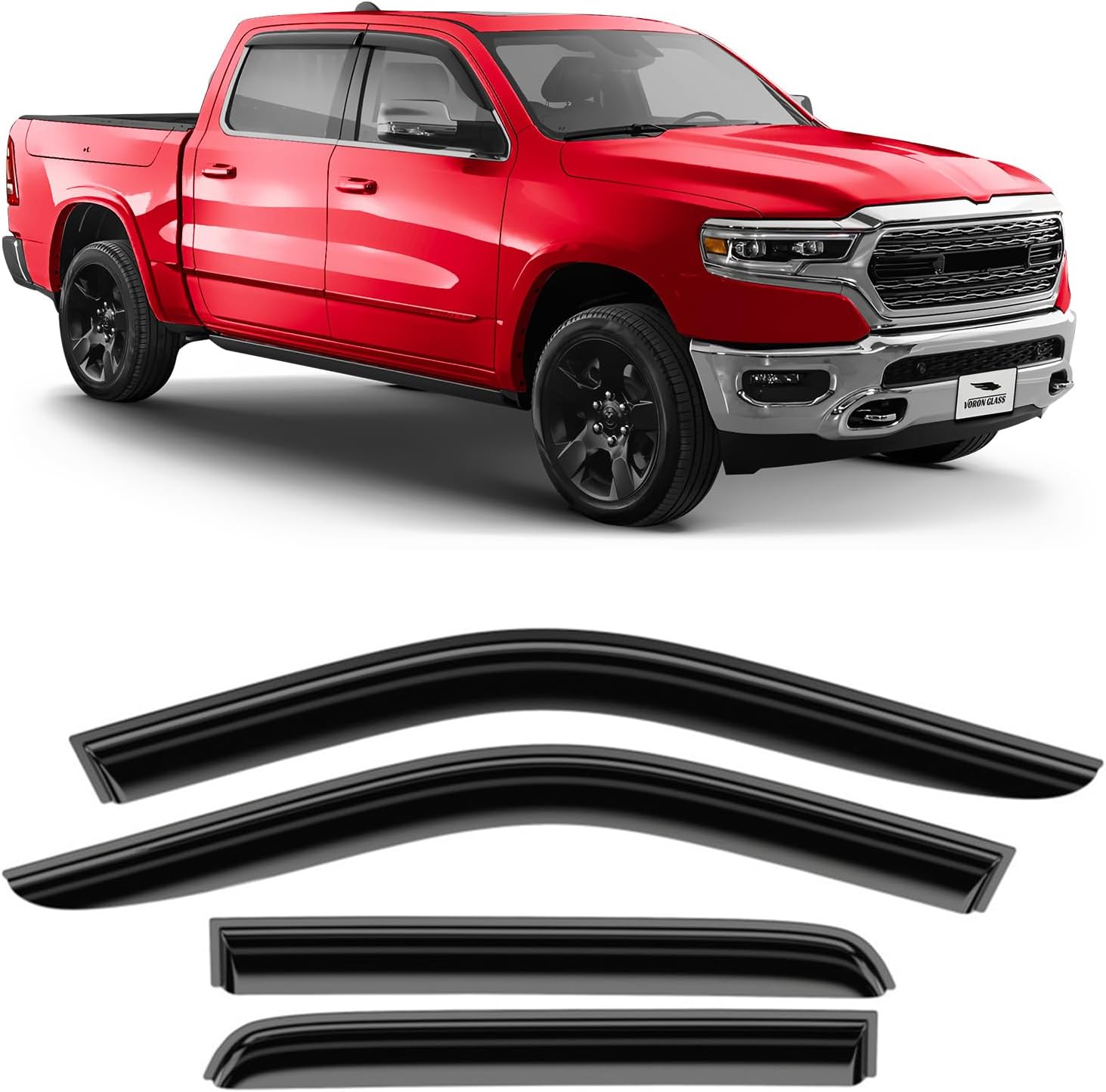 Voron Glass Tape-On Extra Durable Rain Guards for Dodge Ram 1500 2019–2026 Crew Cab, Window Deflectors, Vent Window Visors, 4-Piece Set – 120085