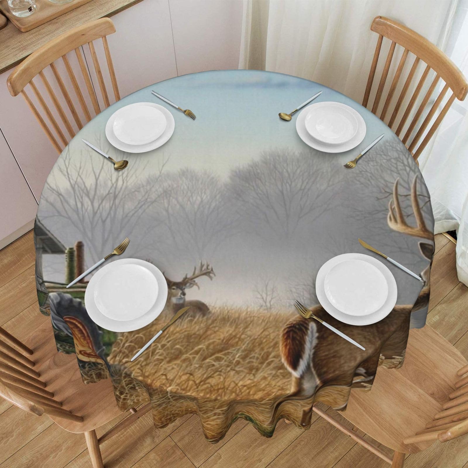 DCEHGEW 60 In Round Tablecloth with Lace, Deer Hunting Printed Oilproof & Washable Fabric Picnic Table Cloth Table Covers