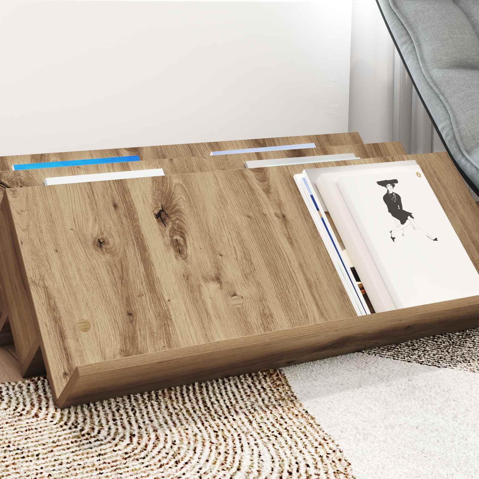 Regał na magazyny Artisan dąb drewnopochodny 90 x 53 x 28,5 cm z 3 półkami na deski, uniwersalny stojak na czasopisma i uchwyt na magazyny do salonu, biura, przedpokoju i kącika do czytania