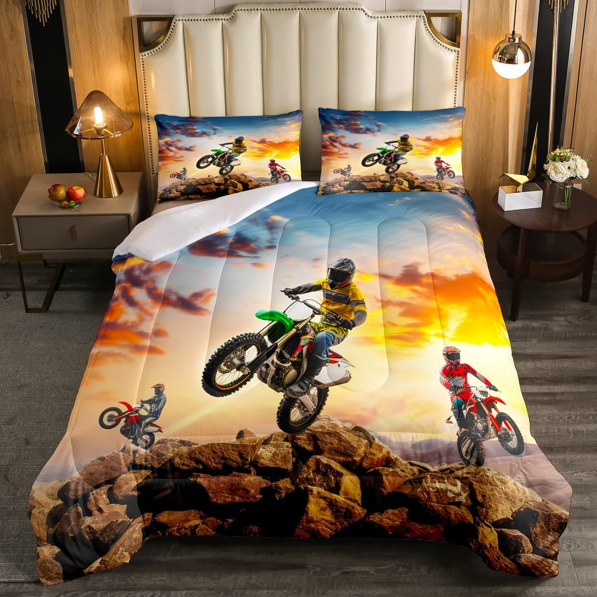 Juego De Funda De Edredón Y Almohada Con Estampado De Motocicleta - Microfibra Suave - Varios Tamaños (Individual, Doble, King…)