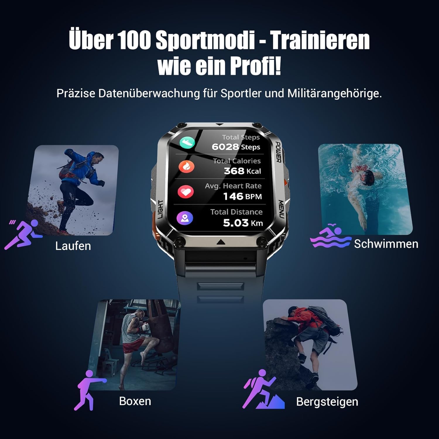 IOWODO Militär Smartwatch Herren,100 Tage Akku, LED Taschenlampe, Bluetooth-Anrufe, Kompass, 100+ Sportmodi, Herzfrequenz- & SPO₂-Monitor, IP68 Wasserdicht, Schlafüberwachung