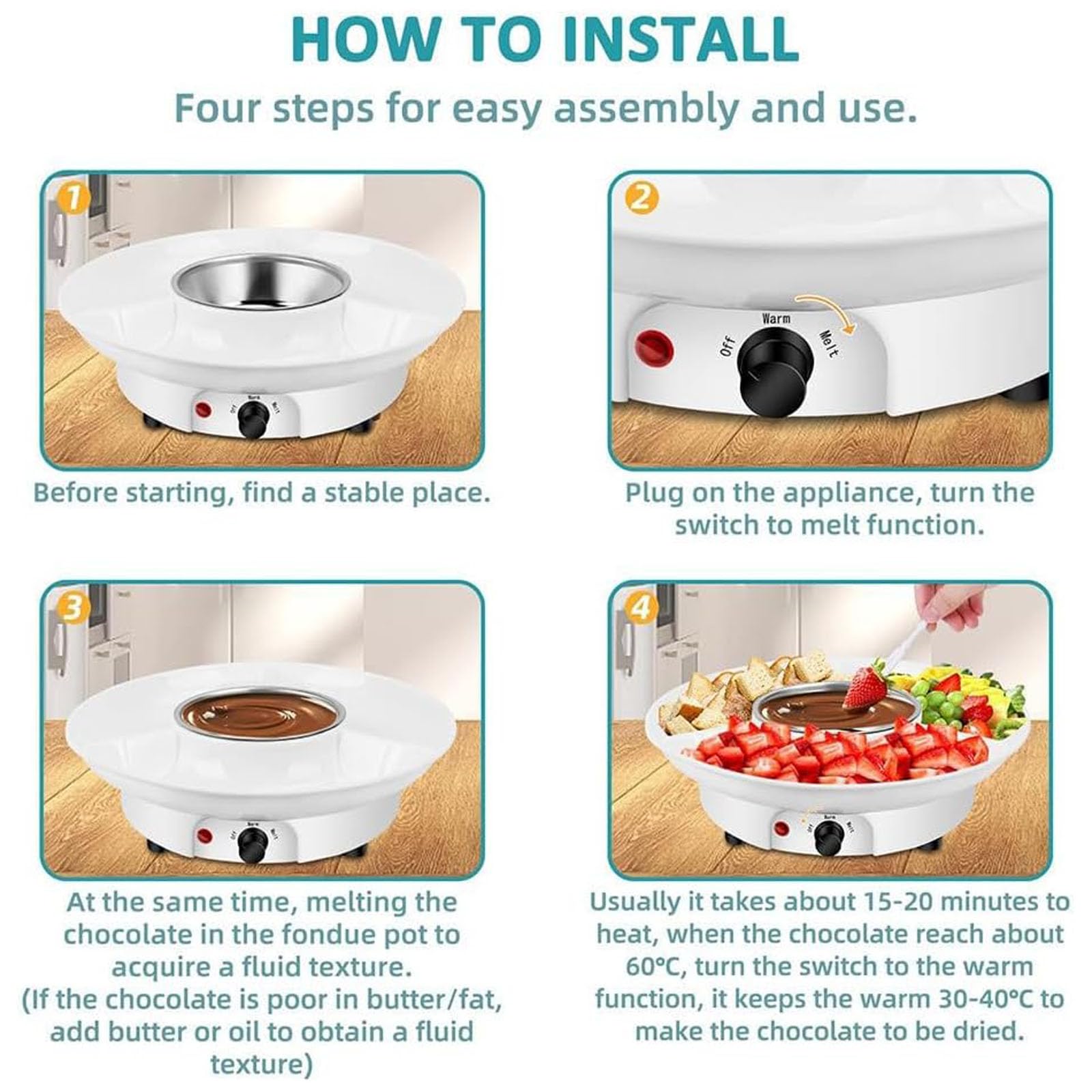 Juego de ollas eléctricas para Fondue, máquina Fuente de Fondue de Chocolate, con Tenedores para mojar, Control de Temperatura, tazón Desmontable de 9 onzas, para Chocolate y Queso Nacho Black