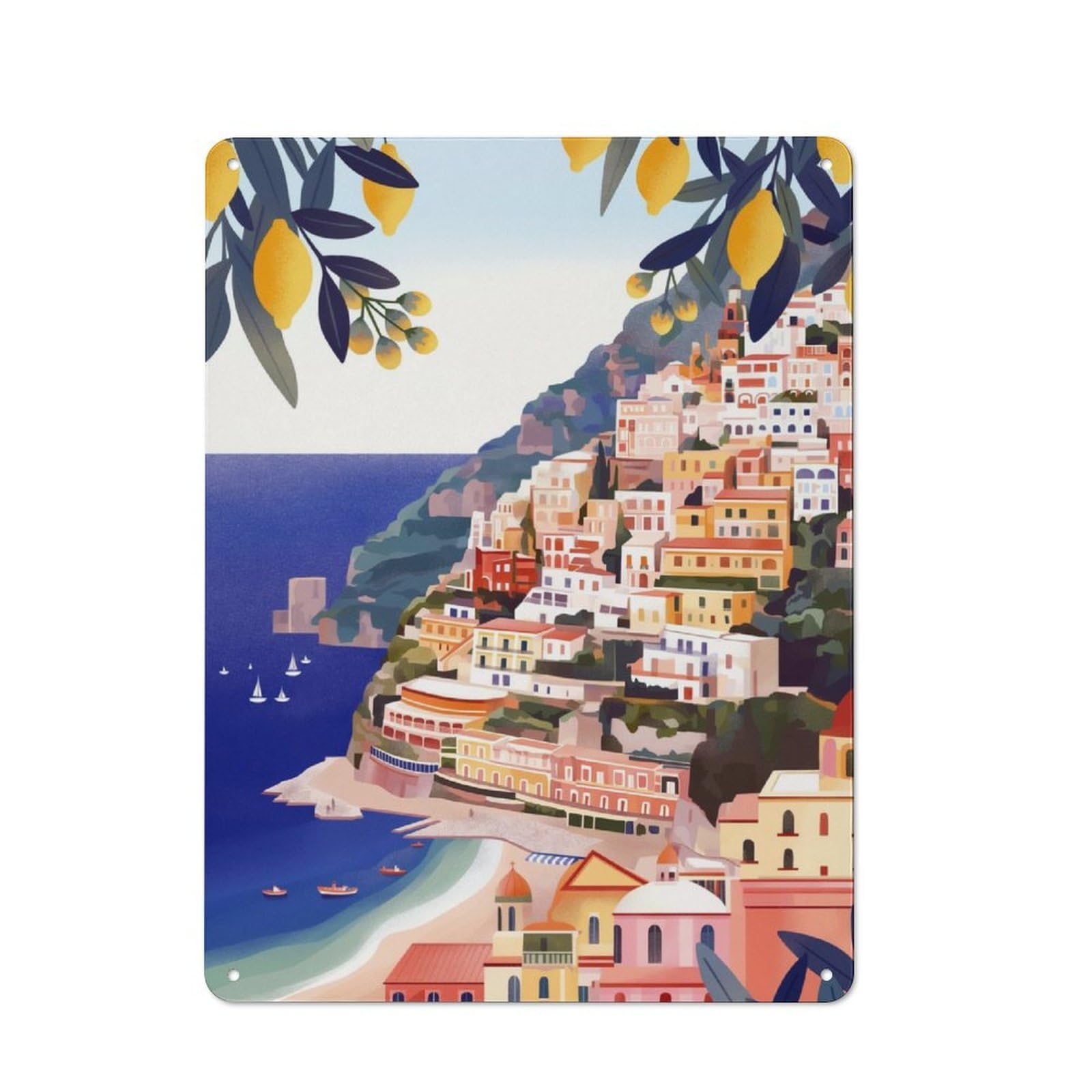Almafi Coast Retro Metal Plaque 40x30cm for Lounge Or Reading Corner, for Vintage Wall Decor Fans, for Themed Room Decoration