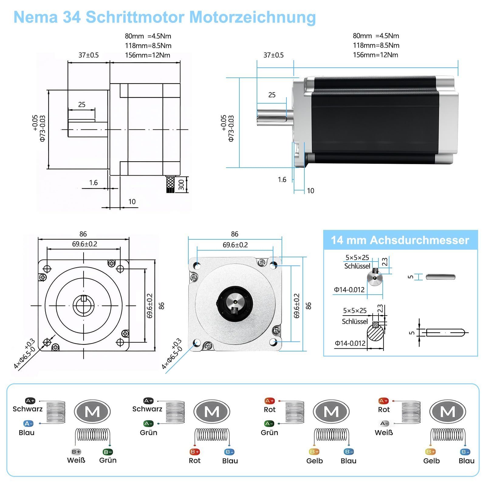 Nema 34 86mm Schrittmotor 8,5Nm 6A 2 Phase 4-Draht 1.8 degrees 14mm Schacht & 6.0A 18-80VAC Treiber 1 Achse CNC Kit für CNC Fräsen Drehbank Plasma X Y Z Axis 3D Printer Motor