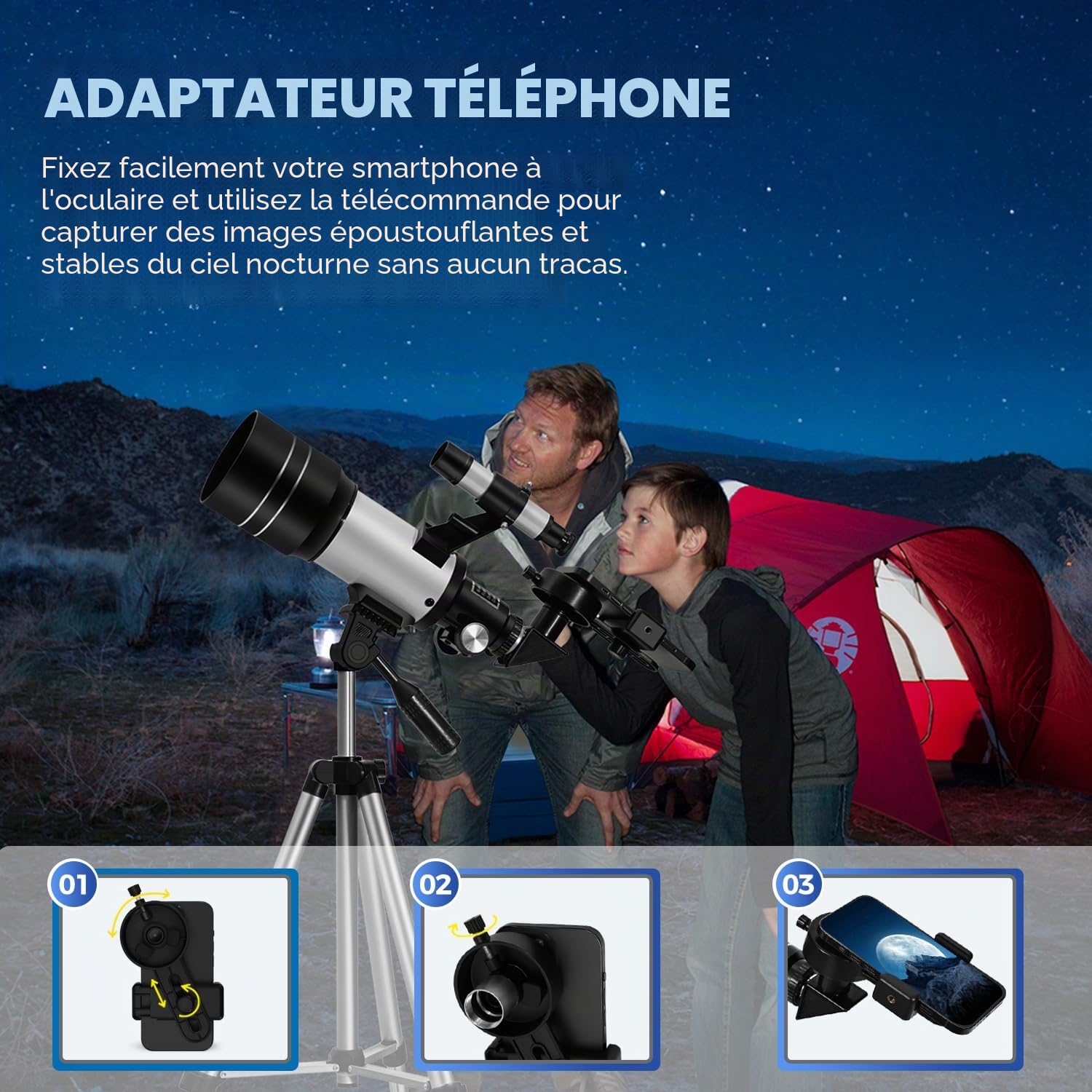 ESAKO Télescope Portable pour Enfants et débutants, Ouverture de 70 mm avec 3 oculaires, trépied réglable en Hauteur, Adaptateur de téléphone et télécommande, Cadeau de Noël