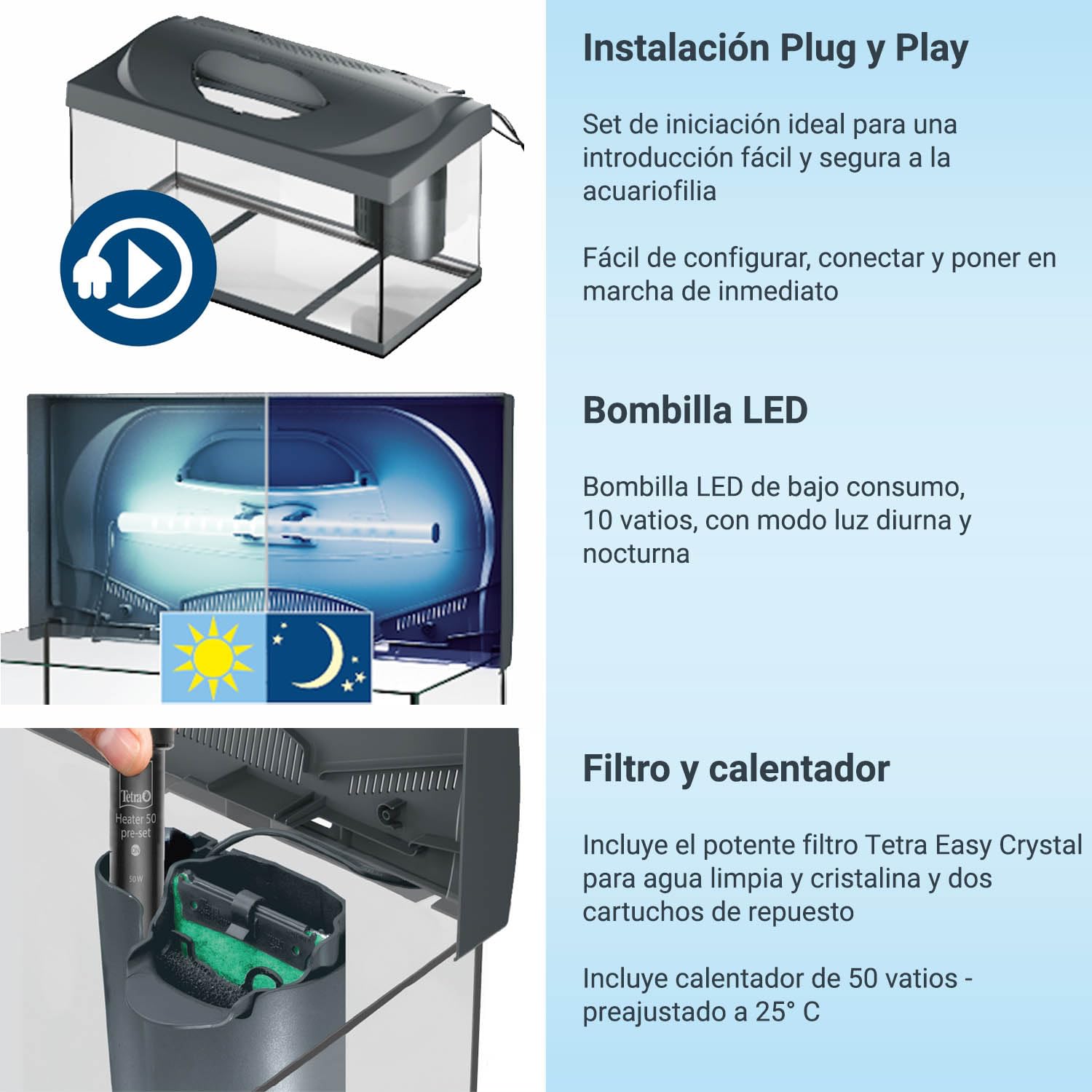 Tetra Starter Line LED 54L Acuario de inicio grande, bombilla LED con modo luz diurna/nocturna