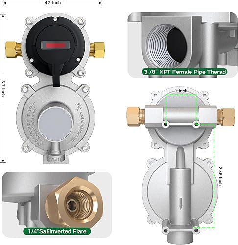 Miniatura 10 de Regulador de gas propano LP de cambio automático de 2 etapas para RV con dos mangueras trenzadas de acero inoxidable de propano de 18 pulgadas con