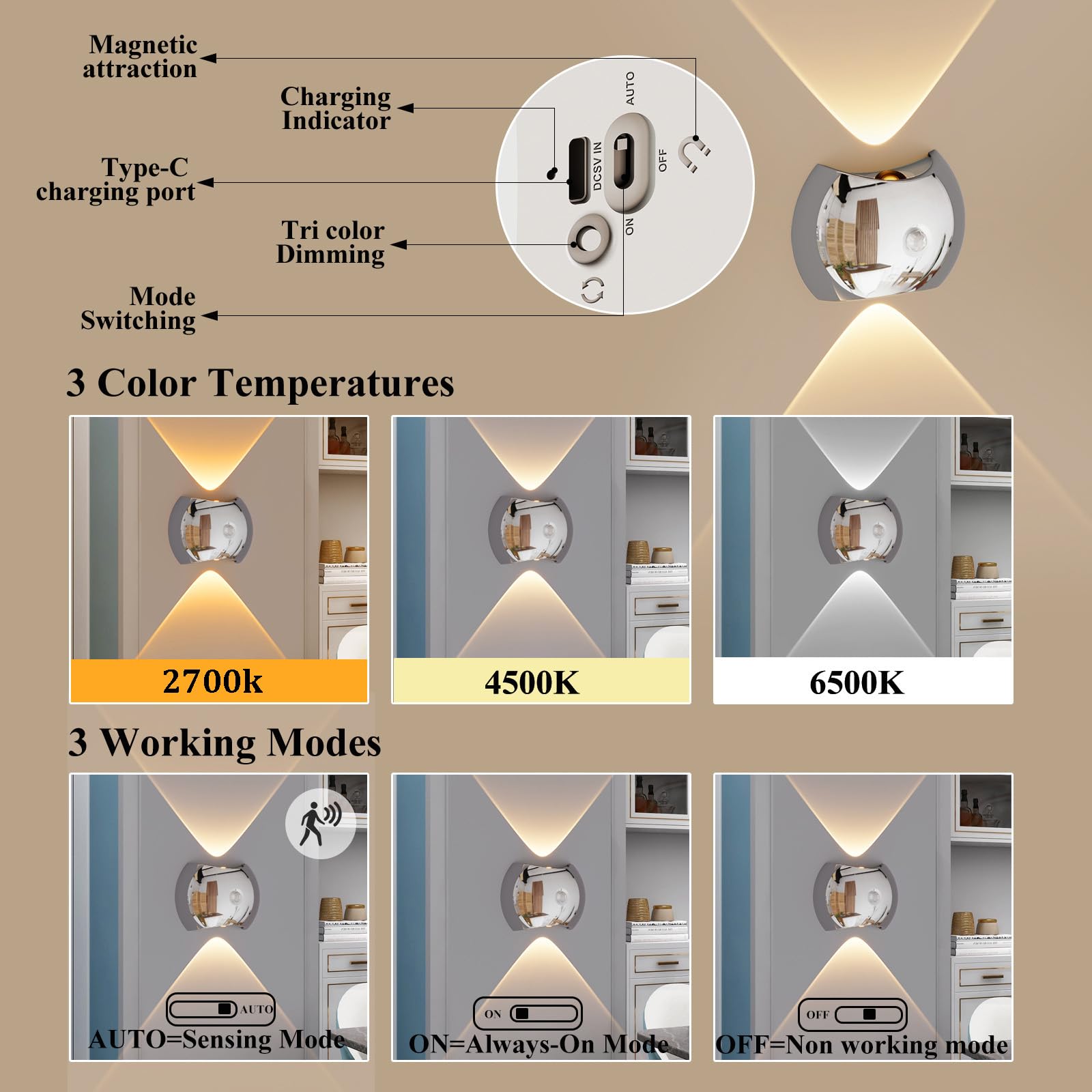 LED Moderna Apliques de Pared Interior con Sensor de Movimiento Lámpara de Pared 3 Modos de Color Iluminación de Pared USB Recargable para Pasillo Escalera Habitación (Oro,2 Piezas)