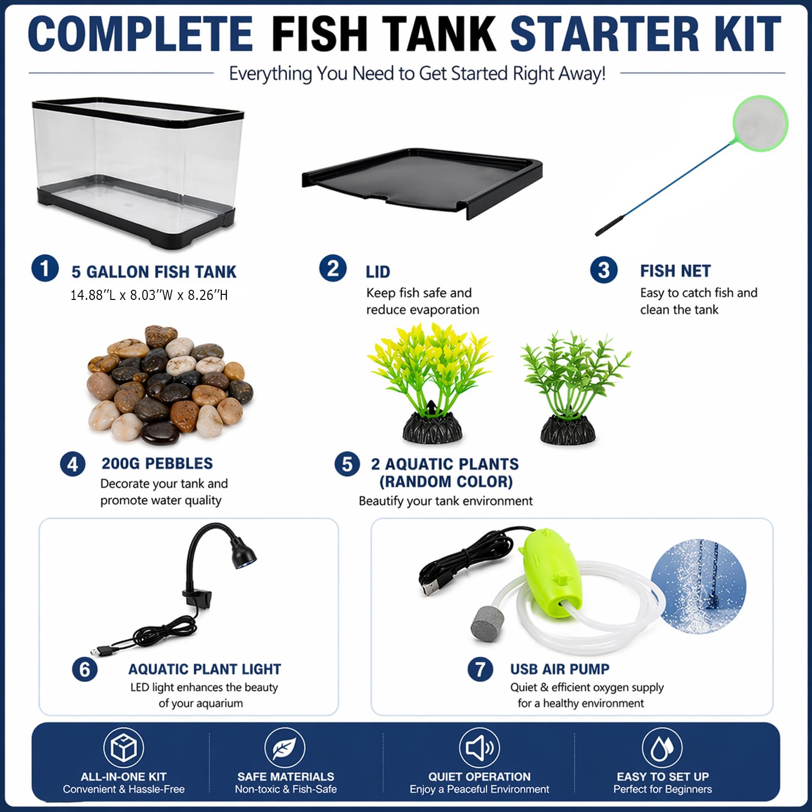 Kit de iniciación de pecera de 5 galones con bomba de aire de red ligera para plantas acuáticas y guijarros, pecera pequeña Betta para camarones, Guppy y Tetra de neón, acuario de escritorio