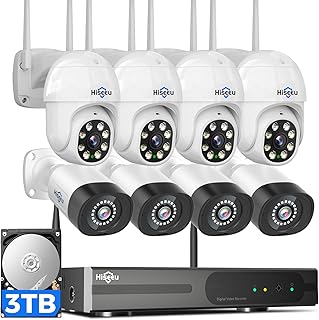 Hiseeu Wireless Security Cameras System [WiFi Pro & Plug in Cable] 5MP PTZ& Bullet Bundle 8 Cameras System IP66 Waterproof...