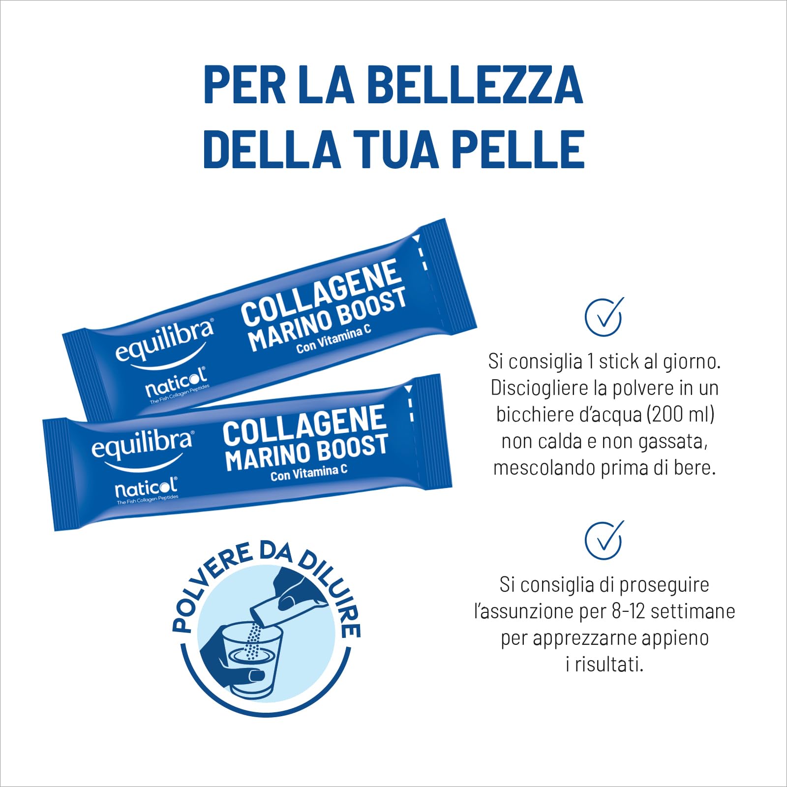 Equilibra, Collagene Marino Boost Idrolizzato Naticol®, 14 Stick Monodose, 2500 mg Collagene per Dose, 80 mg Vitamina C per Dose, Collagene Tipo I e III, Mantenimento del Tono, Elasticità della Pelle