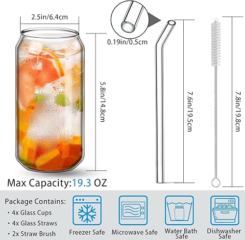Miniatura 5 de Juego de 4 tazas de vidrio de 16 onzas taza de vidrio para cerveza con pajita taza de café helado vasos resistentes al calor y al frío