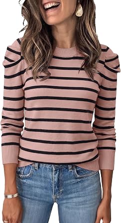 UNCLECAT Womens Striped Sweaters Trendy Puff Long Sleeve Knit Pullover