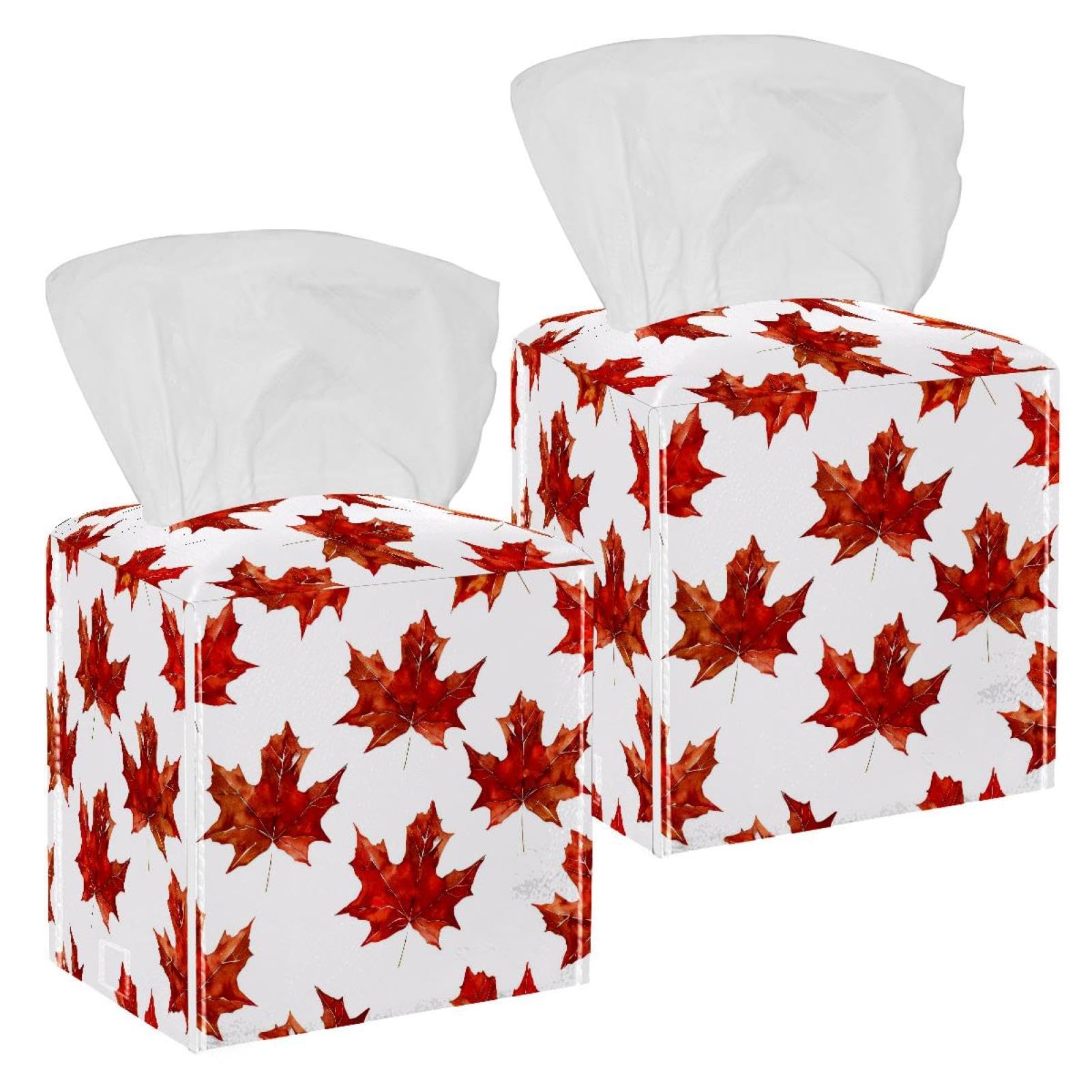 Red Maple Leaves Tissue Box Cover, 2 Pack PU Leather Square Facial Tissue Dispenser Box holder for Home Office Car