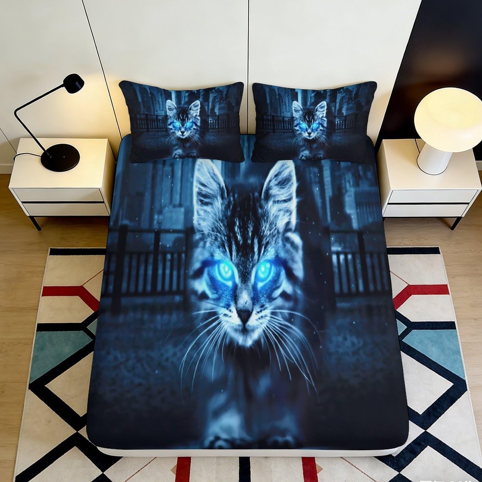 3D Printed Luminous Cat Fitted Sheet Microfiber Deep Pocket Bedding Set Luminous Cat Mattress Fitted Cover Non-Slip Full Wrap Washable 90x200x25cm