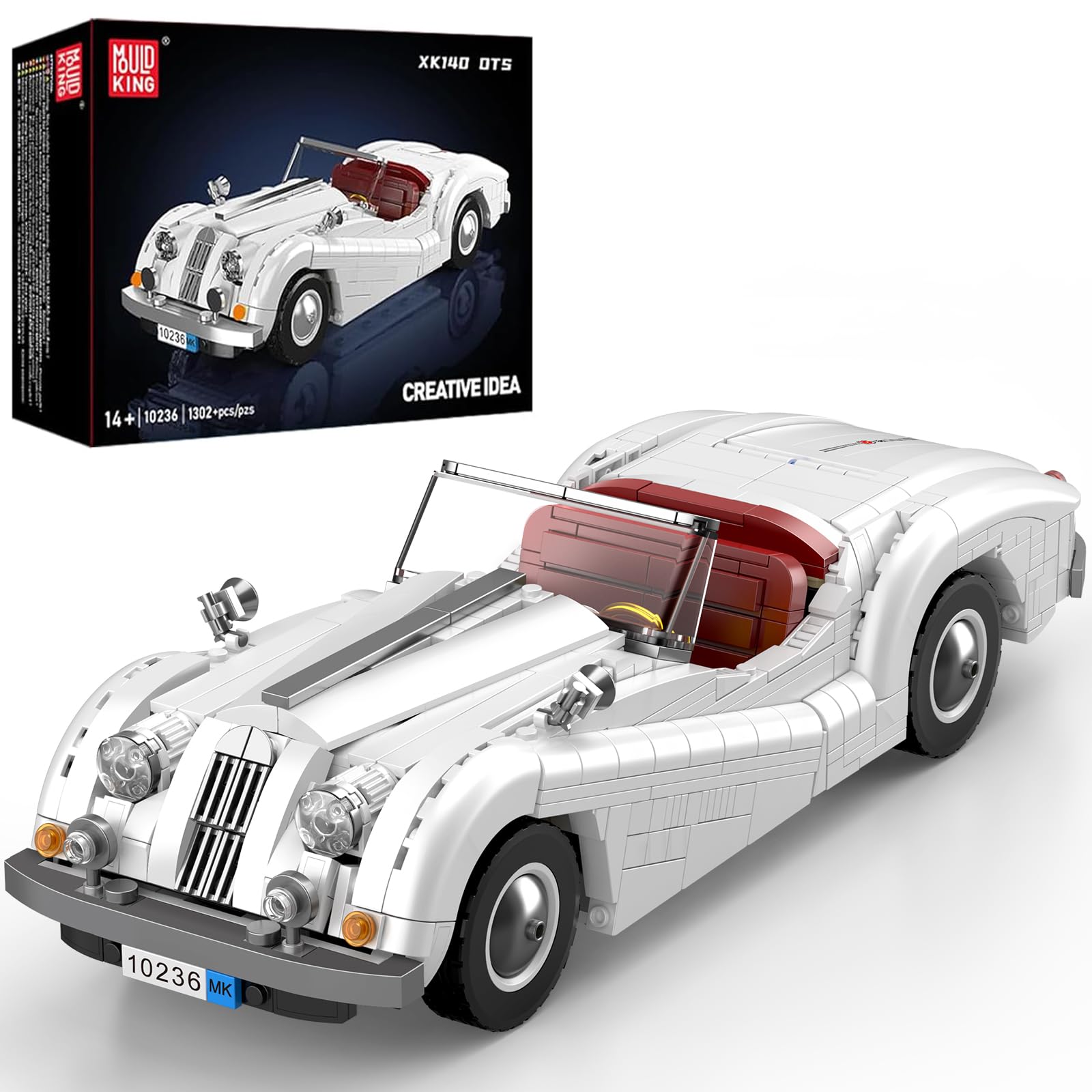 Mould King 10236 Classic Vintage Convertible Car Building Sets, 1302+ Pieces White Retro Sports Car with Opening Boot & Doors, Collectible Model Cars Kits for Adults & Teens 14+