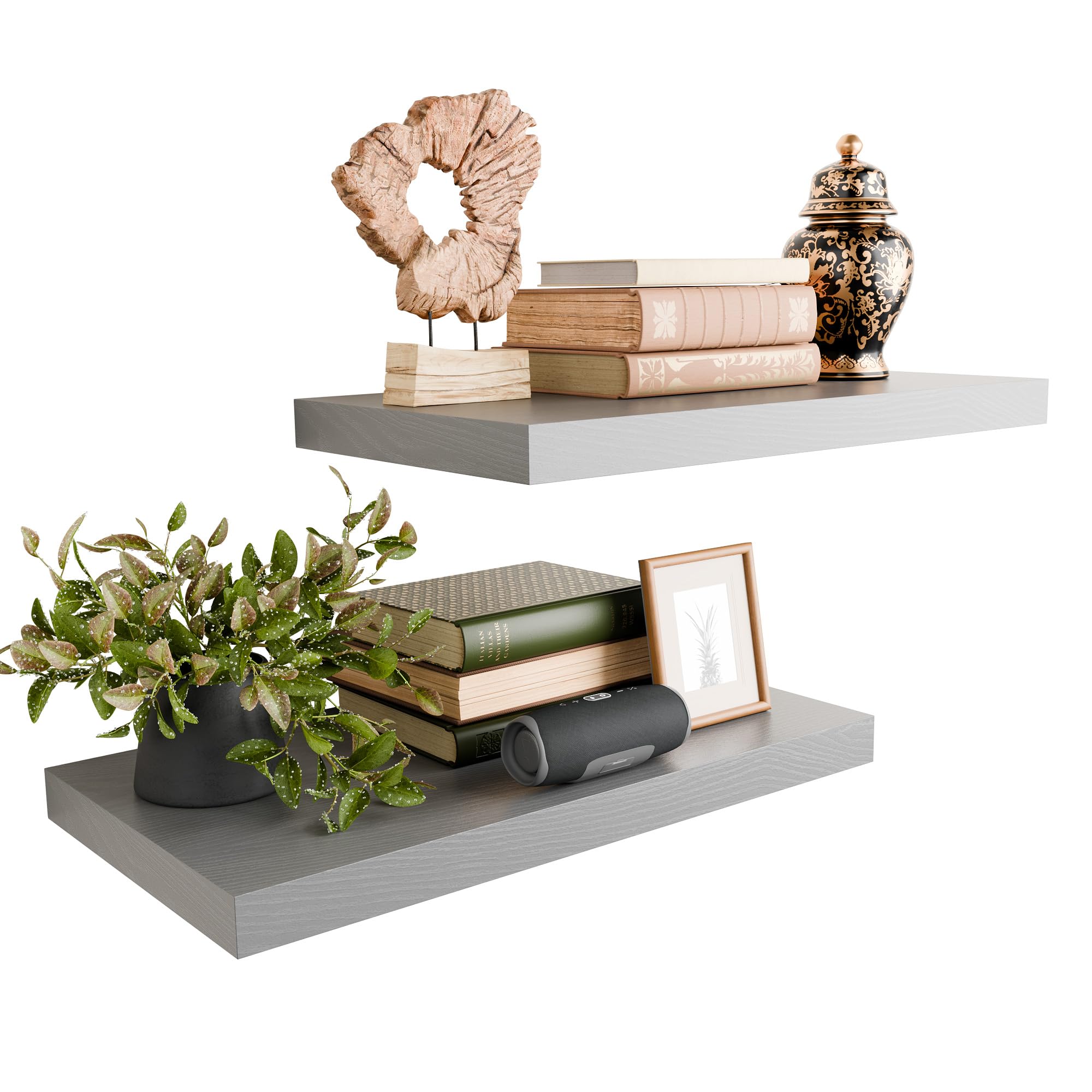 Sumbame Grey 24 Inch Rustic Floating Shelves for Wall, Wooden Deep Floating Shelves Set of 2, Wall Shelves for Bathroom Over Toilet, Live Edge Display