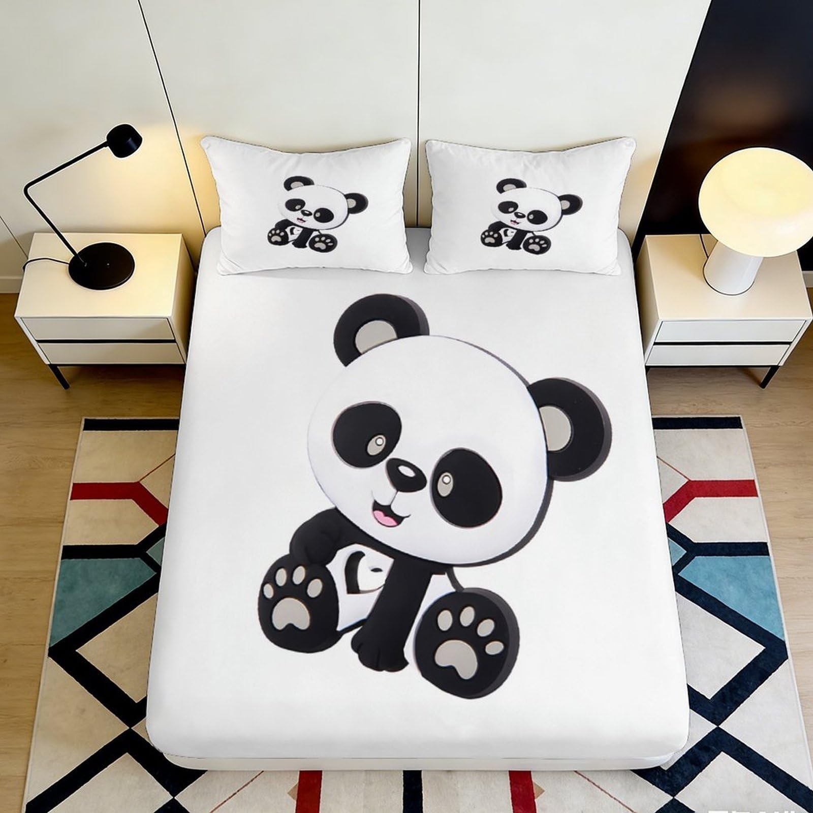 3D Printed Panda Pattern Fitted Sheet Microfiber Deep Pocket Elastic Hem Bedding Panda Mattress Fitted Cover for Adults Teens 180x200x25cm
