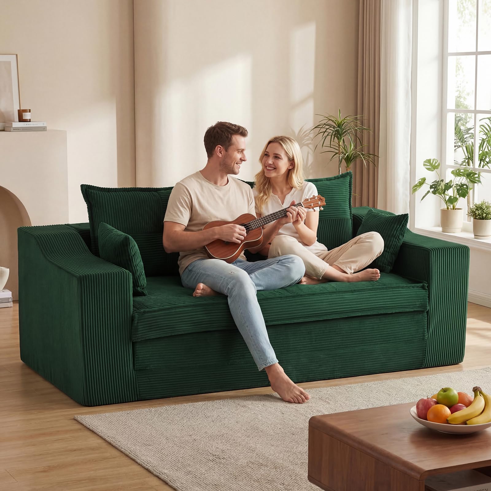 APICIZON Schlafsofa, 2-in-1 Boneless Couch, Bodensofa mit Kissen, 3 Sitzer Sofa Bed mit Schlaffunktion, Klappbare Matratze für Wohnzimmer, Schlafzimmer, Gästezimmer (Cord-Grün, 177 cm Breit)