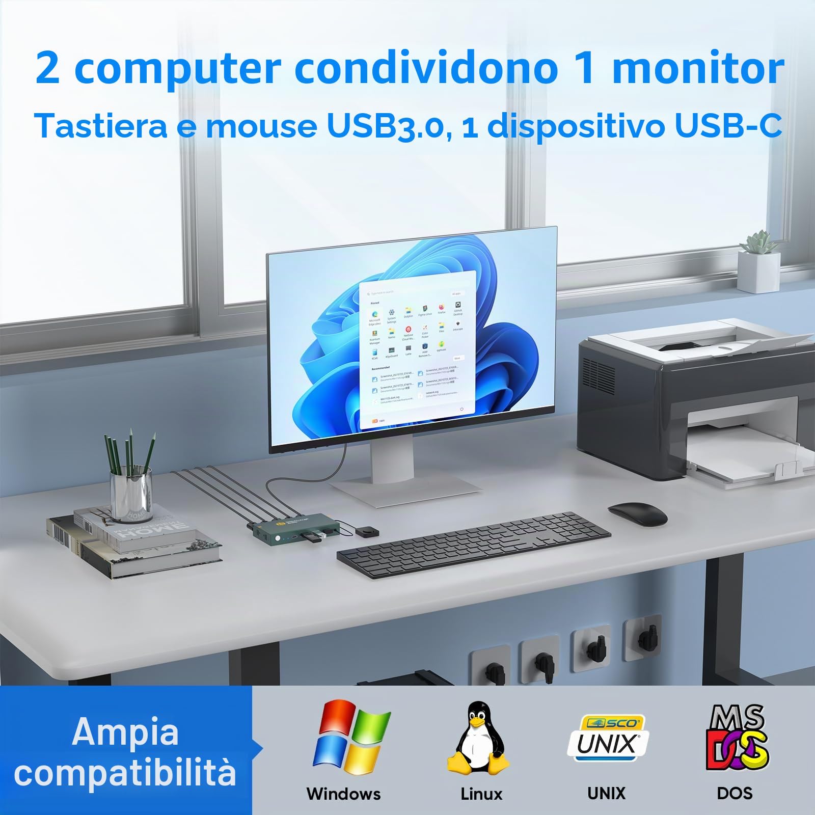Switch KVM USB 3.0 HDMI 2 PC 1 Monitor 4K @60Hz KVM Switch Switch (3 porte USB 3.0+ USB C) per 2 computer, condividere monitor, tastiera, mouse, adattativo EDID, con controller desktop