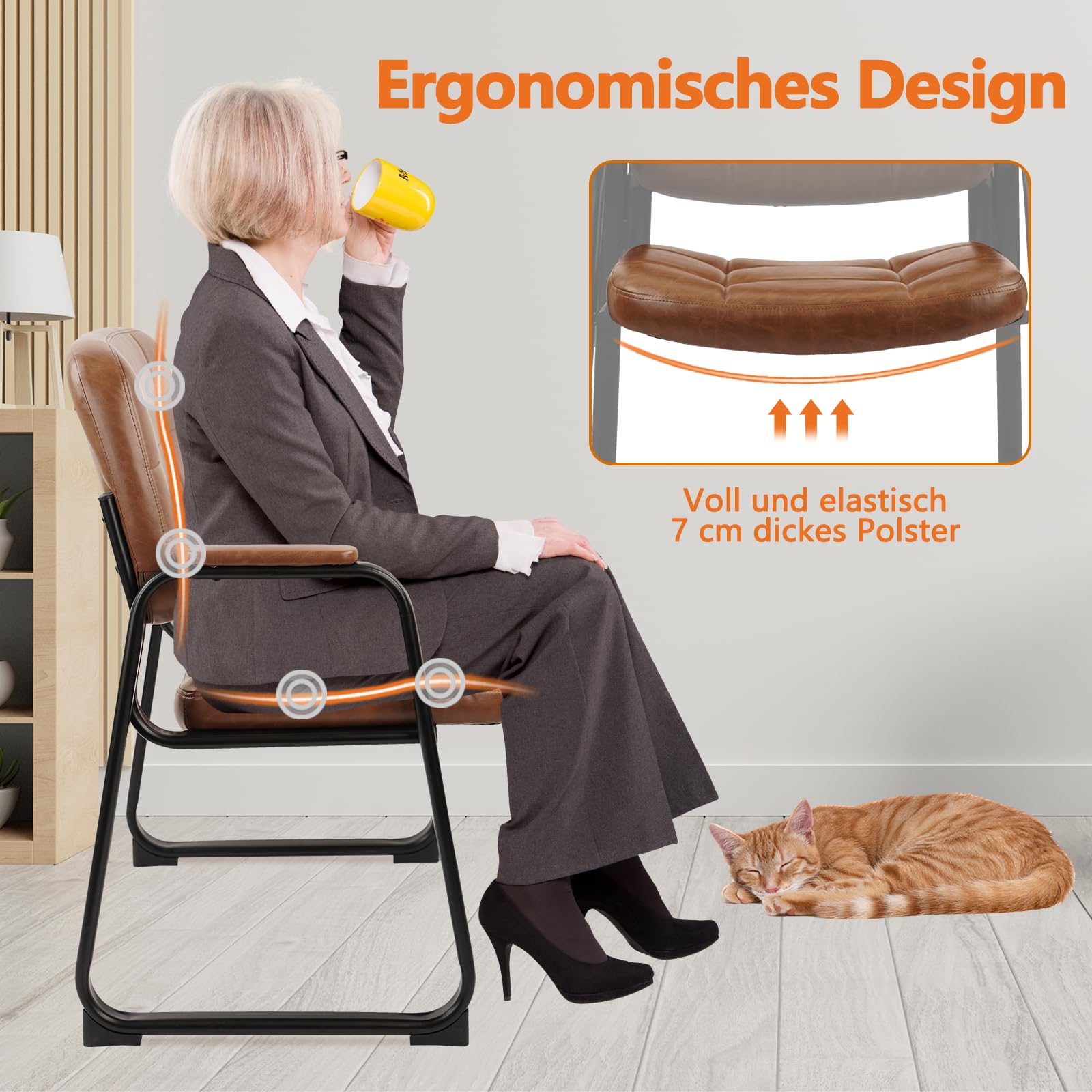 CLATINA Großer Wartezimmersessel Bequemer Gepolsterter Stuhl mit Armlehnen Stabile Kufenfüße ohne Räder Für Büro Empfang Praxis Gästezimmer und Wartebereich Modernes Braun 4er Set
