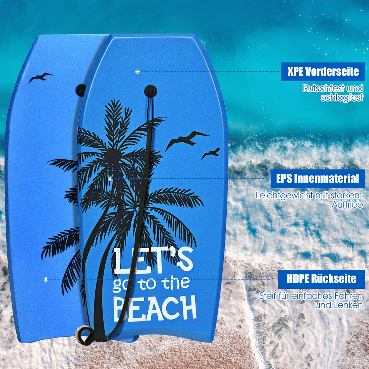 DREAMADE Bodyboard mit 90 cm Sicherheitsleine, bis zu 85kg belastbar, Surfbrett aus XPE & HDPE &EPS, Surfboard für Erwasche & Kinder ab 14, 105x51x6cm