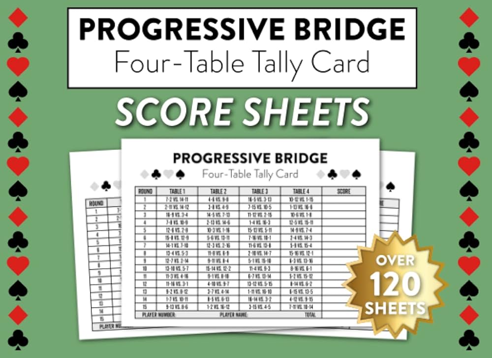 Progressive Bridge Four Table Tally Card Score Sheets: Over 120 Sheets For 4 Table Progressive Bridge Game: Publishing, Score Sheetz: Amazon.com: Books progressive-bridge-four-table-tally-card-score-sheets-over-120-sheets-for-4-table-progressive-bridge-game-publishing-score-sheetz-amazon-com-books