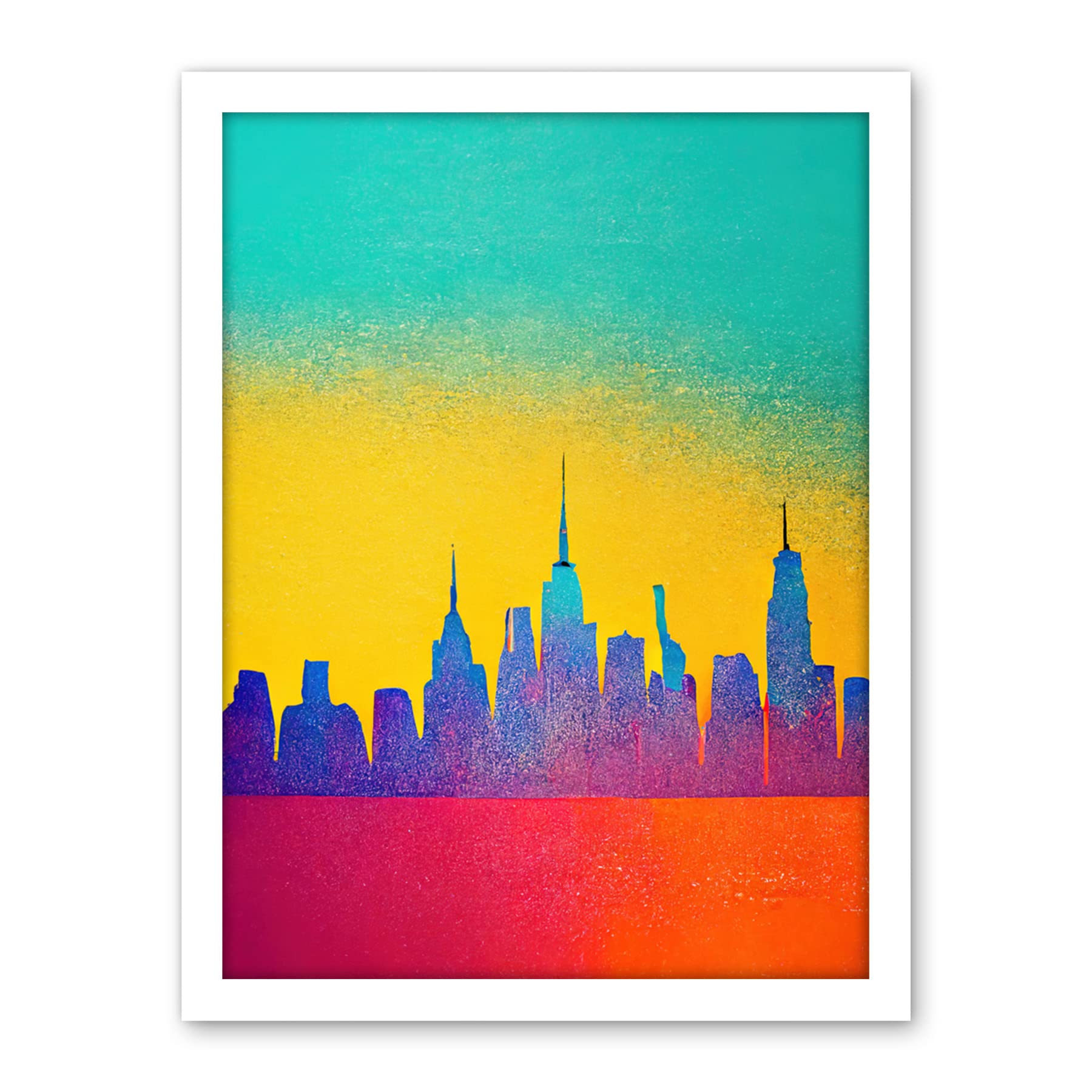 Wee Blue Coo Bright Colourful Abstract New York Skyline Cityscape Yellow Blue Coral Turquoise Artwork Framed Wall Art Print 18X24 Inch