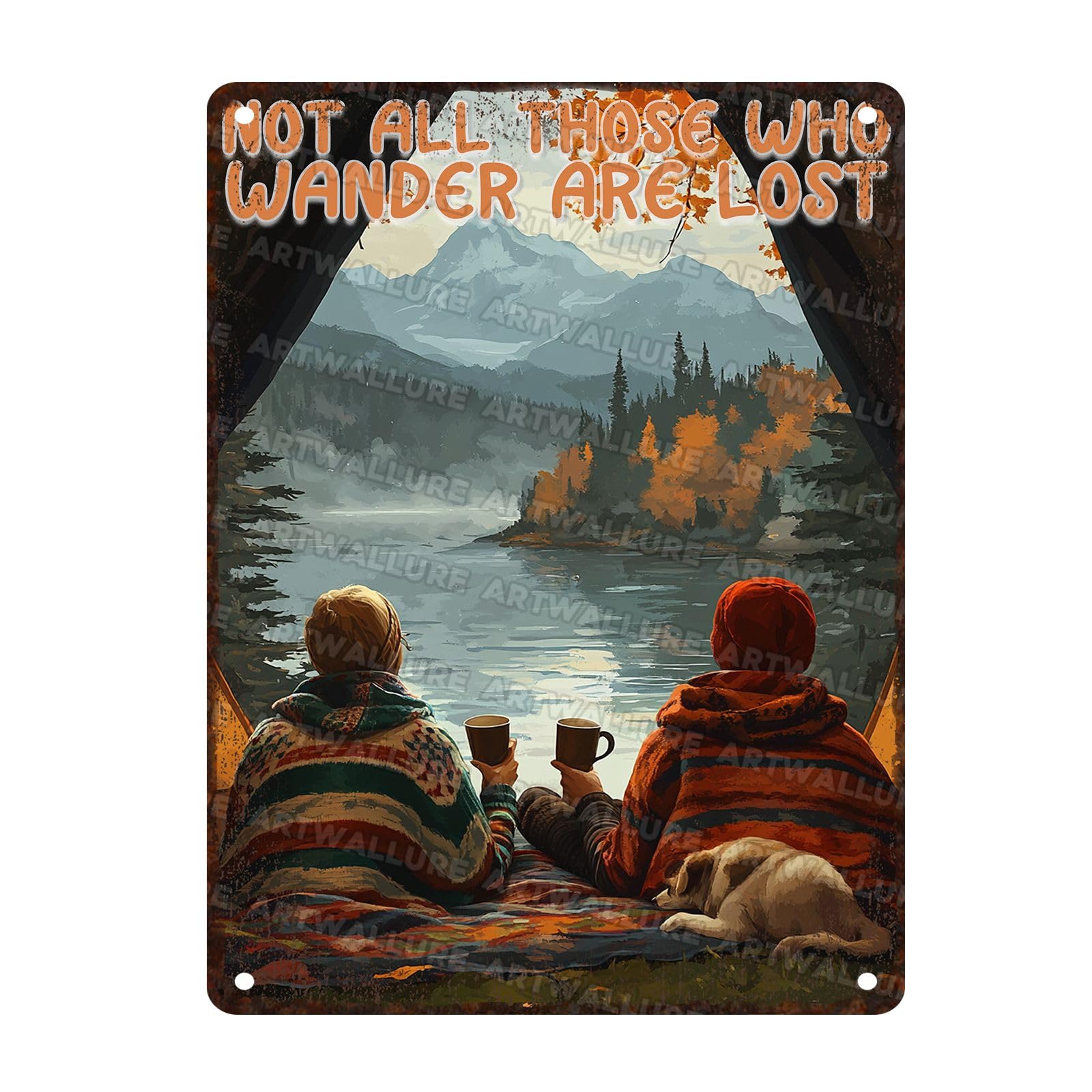 Retro Camping Metal Sign Camping Dog Girl Not All Those Who Wander Are Lost Metal Poster Home Garden Kitchen Cafe Club Man Cave Aluminium Sign Art Wall Decor 12x16Inch