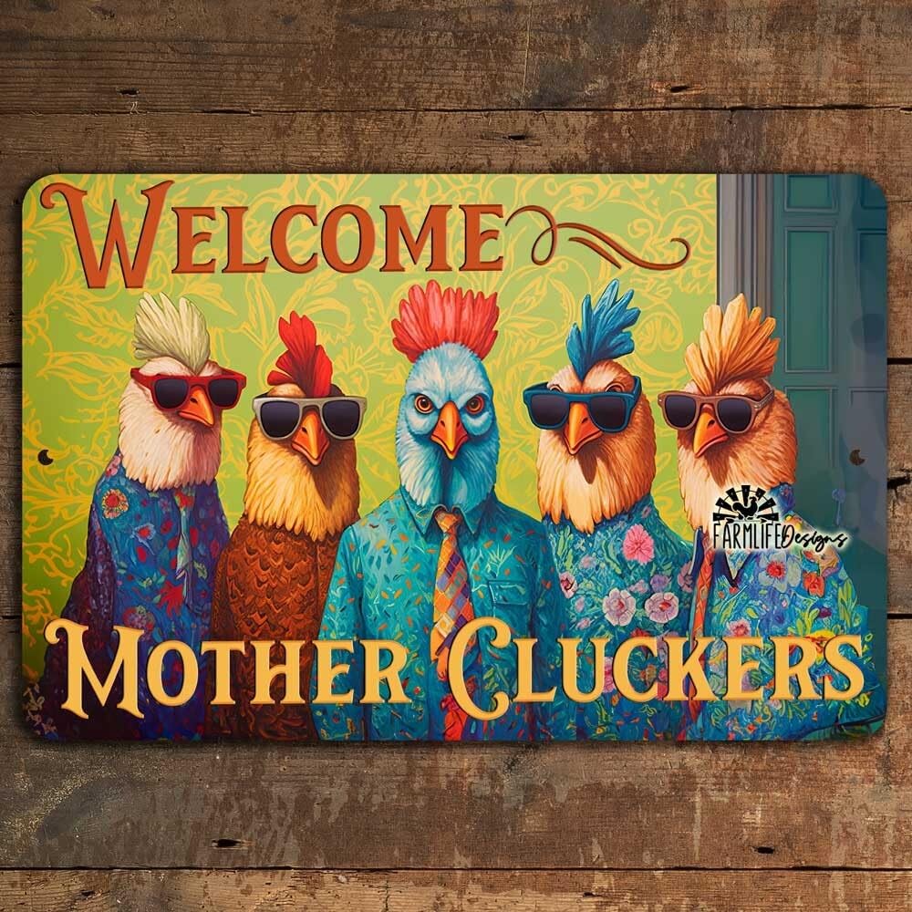 Funny Chicken sign Welcome Mother Cluckers rooster man cave bar decor tin metal home decor