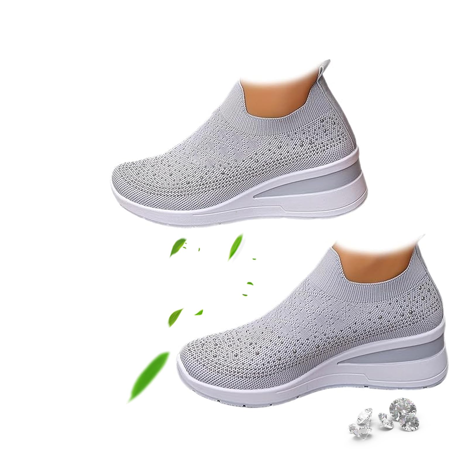 Scarpe da ginnastica da donna con zeppa e strass, alla moda, traspiranti, con strass, leggere, comode, senza lacci