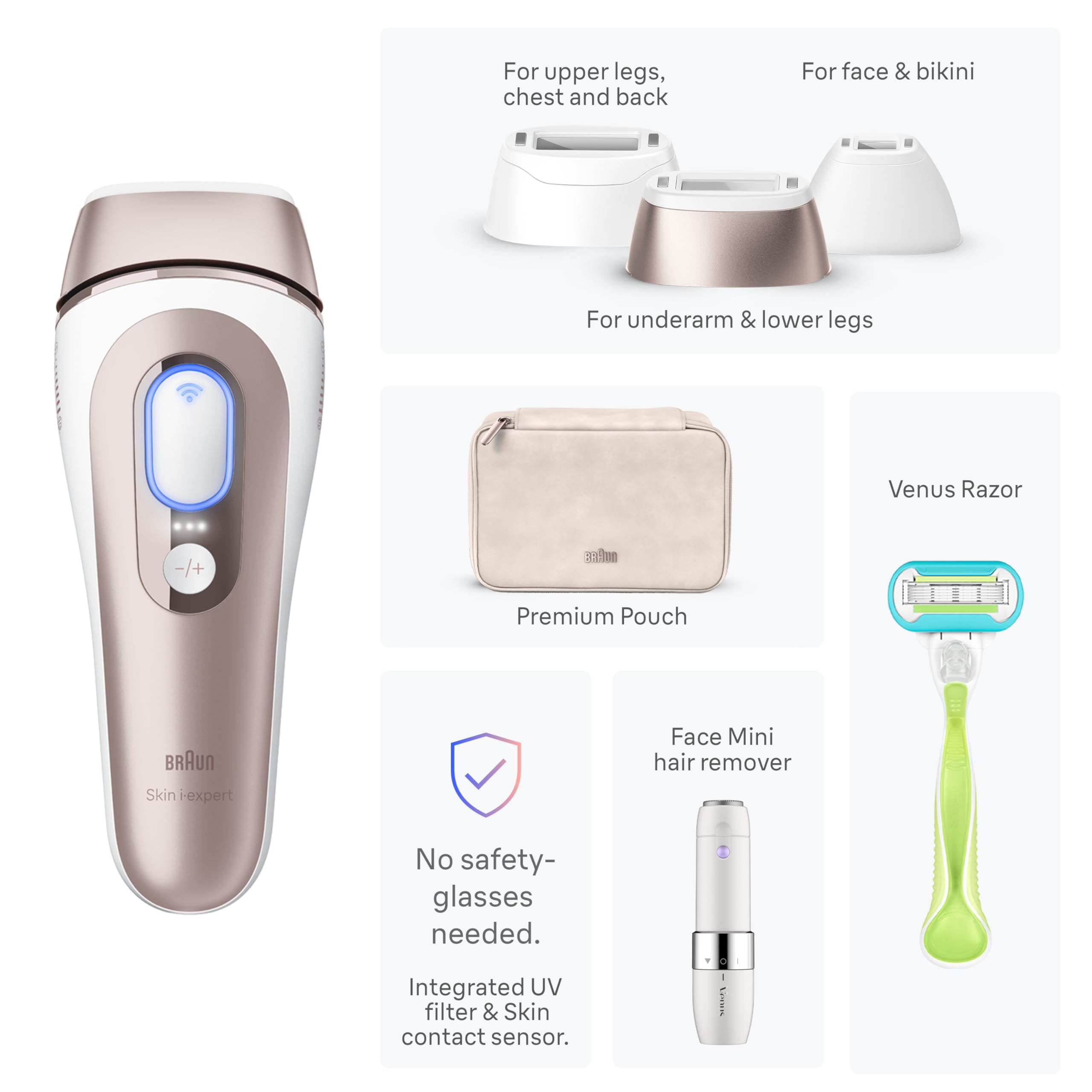 Braun Smart IPL, Skin i·Expert Pro 7: at Home Laser Hair Removal for Women and Men, Permanent Visible Hair Reduction, with Free App, Vanity Case, Venus Razor, 2 Smart Heads, Facial Trimmer, IPL7219