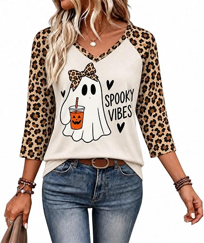 Halloween Shirts for Women Leopard Print Top Pumpkin 3/4 Sleeve T Shirt