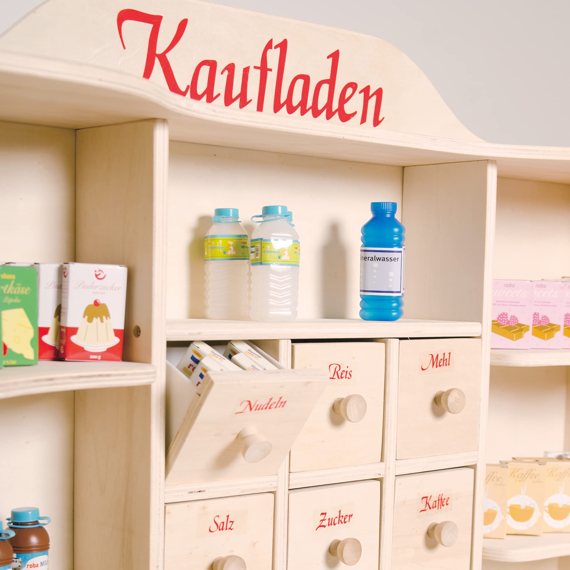 roba Grande Marchande Enfant en Bois non Traité - 8 Compartiments et 6 Tiroirs - Stand de Vente Spacieux avec 2 Comptoirs - Hauteur 120 cm - Naturel, Épicerie Grand