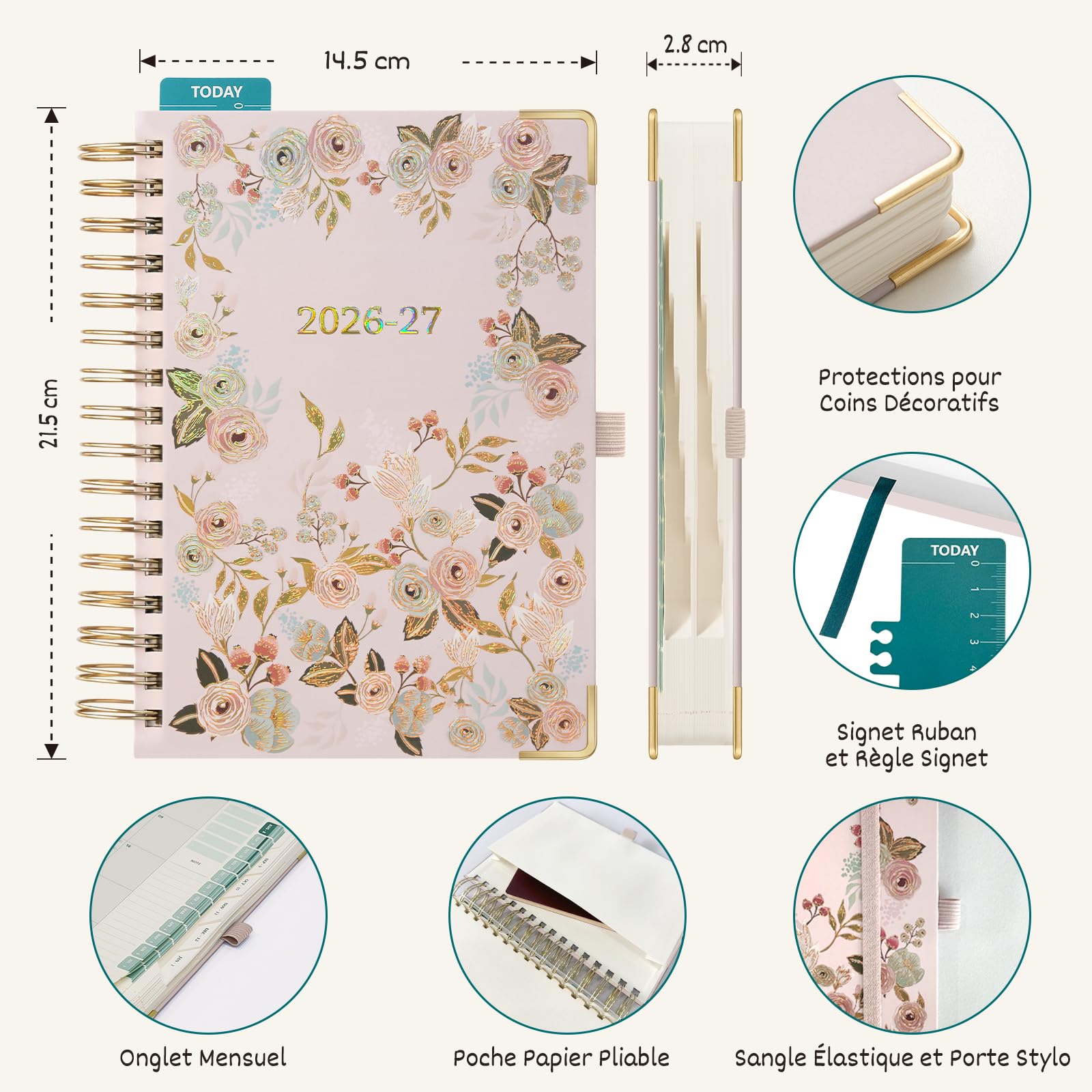 BEZEND Agenda 2026 2027 A5 Journalier Spirale 21 x 15,5 cm 12 Mois De Août. 26 à Juil. 27, Agenda Scolaire avec Intervalles de 30 min, Motif Floral, Règle Marque-Page, Couverture rigide, Rose