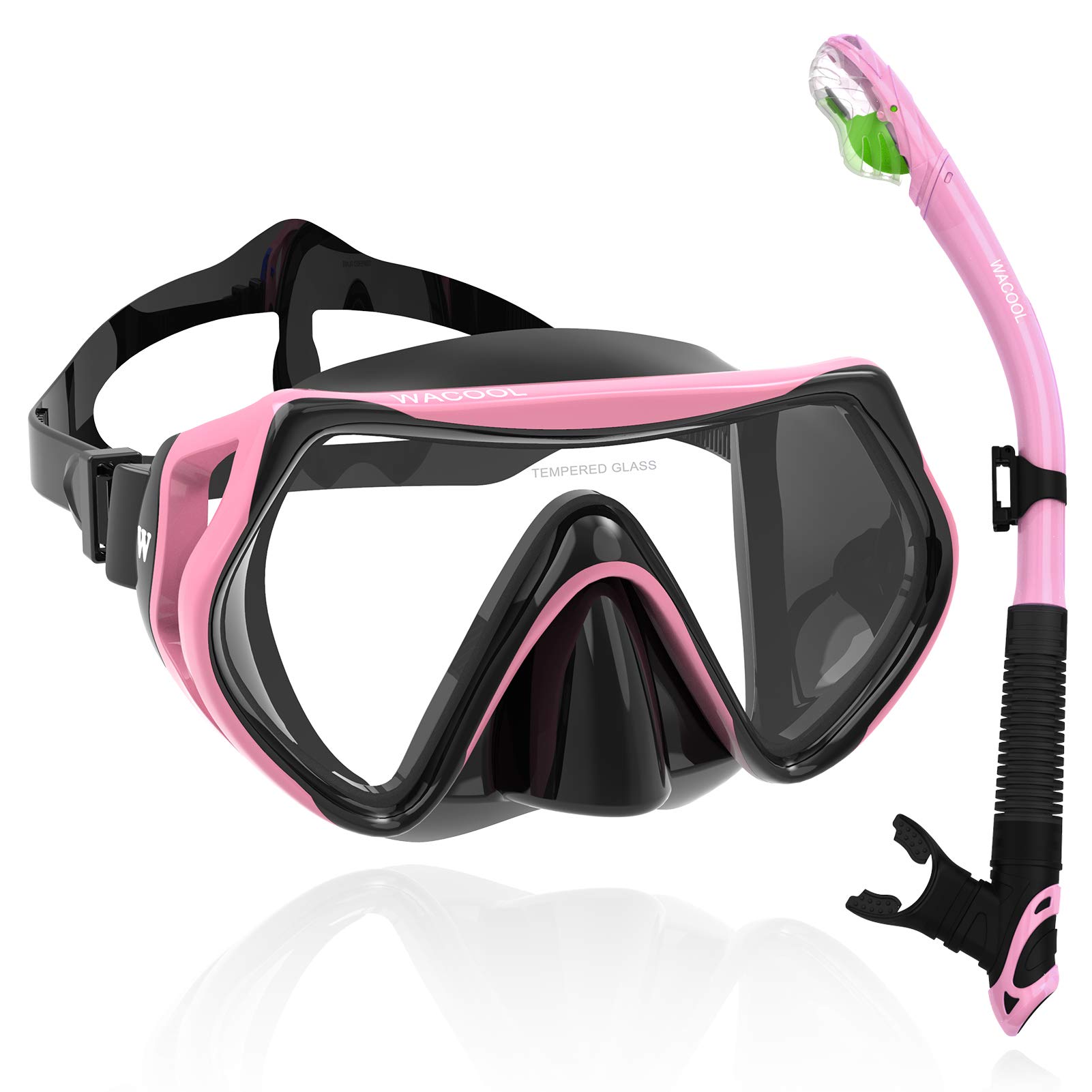 WACOOL Professional Snorkeling Snorkel Diving Scuba Package Set with Anti-Fog Coated Glass Purge Valve and Anti-Splash Silicon Mouth Piece for Men Women (Adults,Pink)