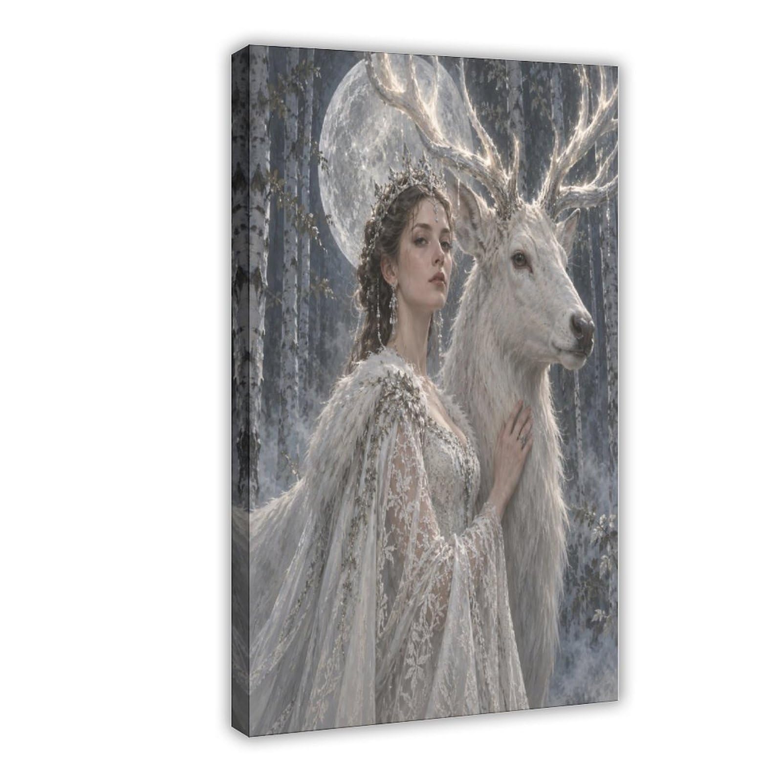W7c8u2x3 Frame-Style-22 White Deer Woman Canvas Wall Art, Ethereal Winter Realist Painting